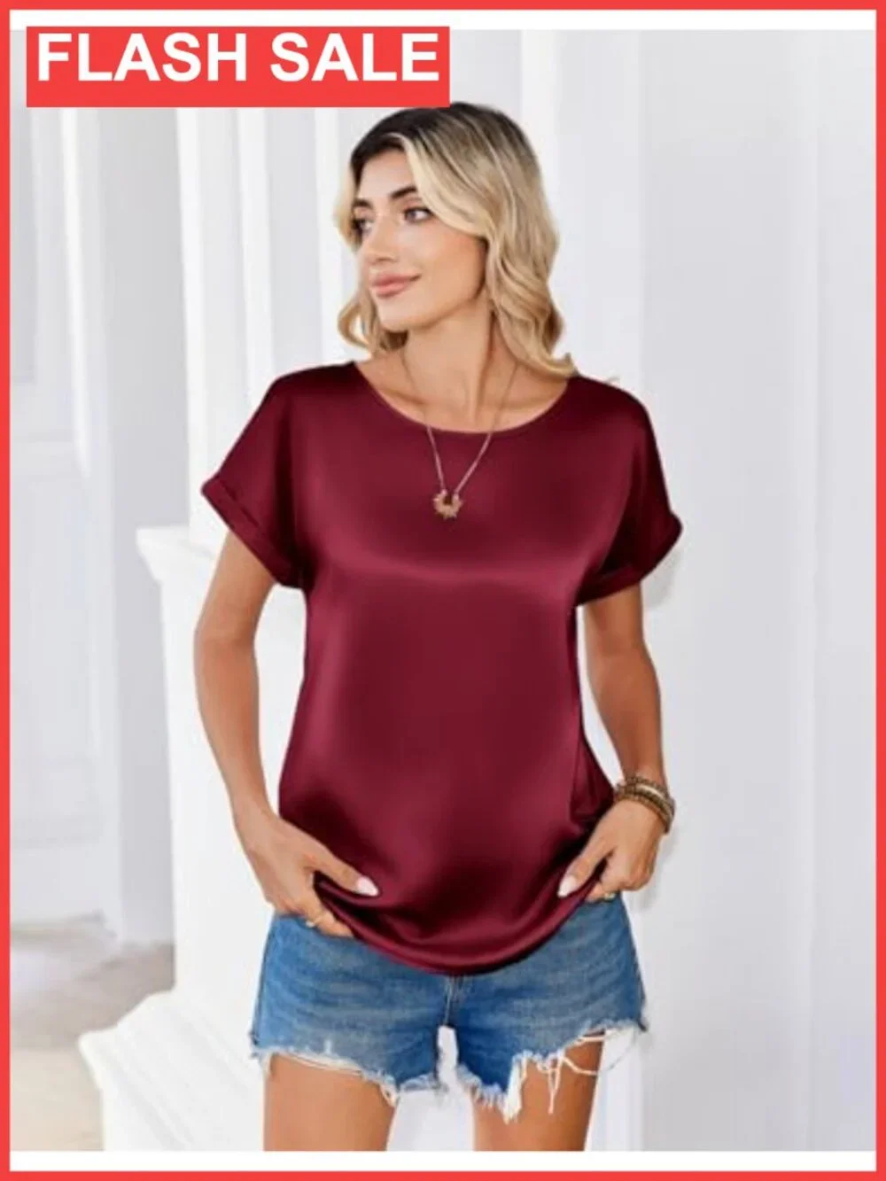 Zeagoo Satin Silk Blouse Short Sleeve Crewneck Dressy Casual Top